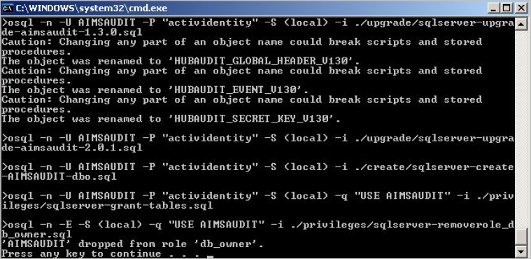 Command prompt window running sqlserver-upgrade.bat file displaying various steps
